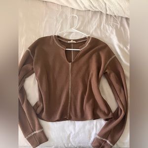 Brown V-Neck Cropped Long Sleeve Shirt